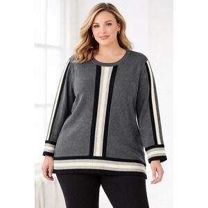 Karl Lagerfeld Paris Gray Striped Sweater Women's 2X Plus Sz Knit Pullover Chic